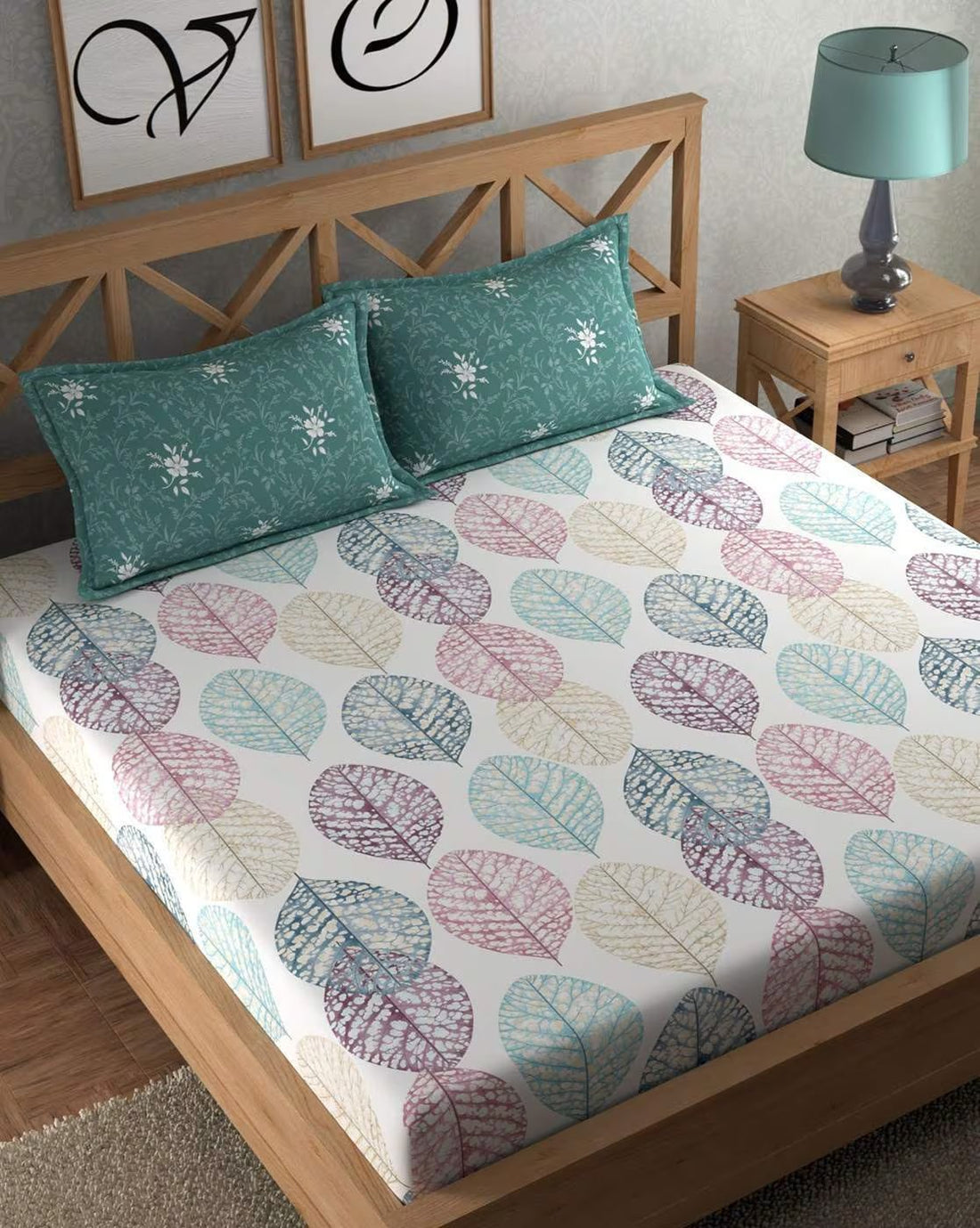 Trenton Multicolor 300 TC Cotton Blend Super King Elastic Fitted Double Bedsheet With Two Pillow Covers (270X270 Cms) - Trenton