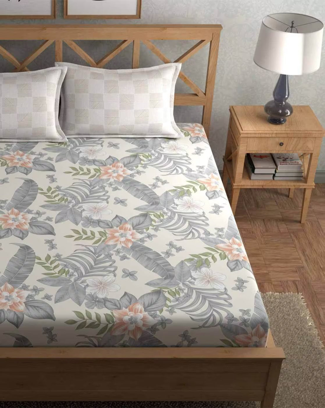 Trenton Multicolor 300 TC Cotton Blend Super King Elastic Fitted Double Bedsheet With Two Pillow Covers (270X270 Cms) - Trenton