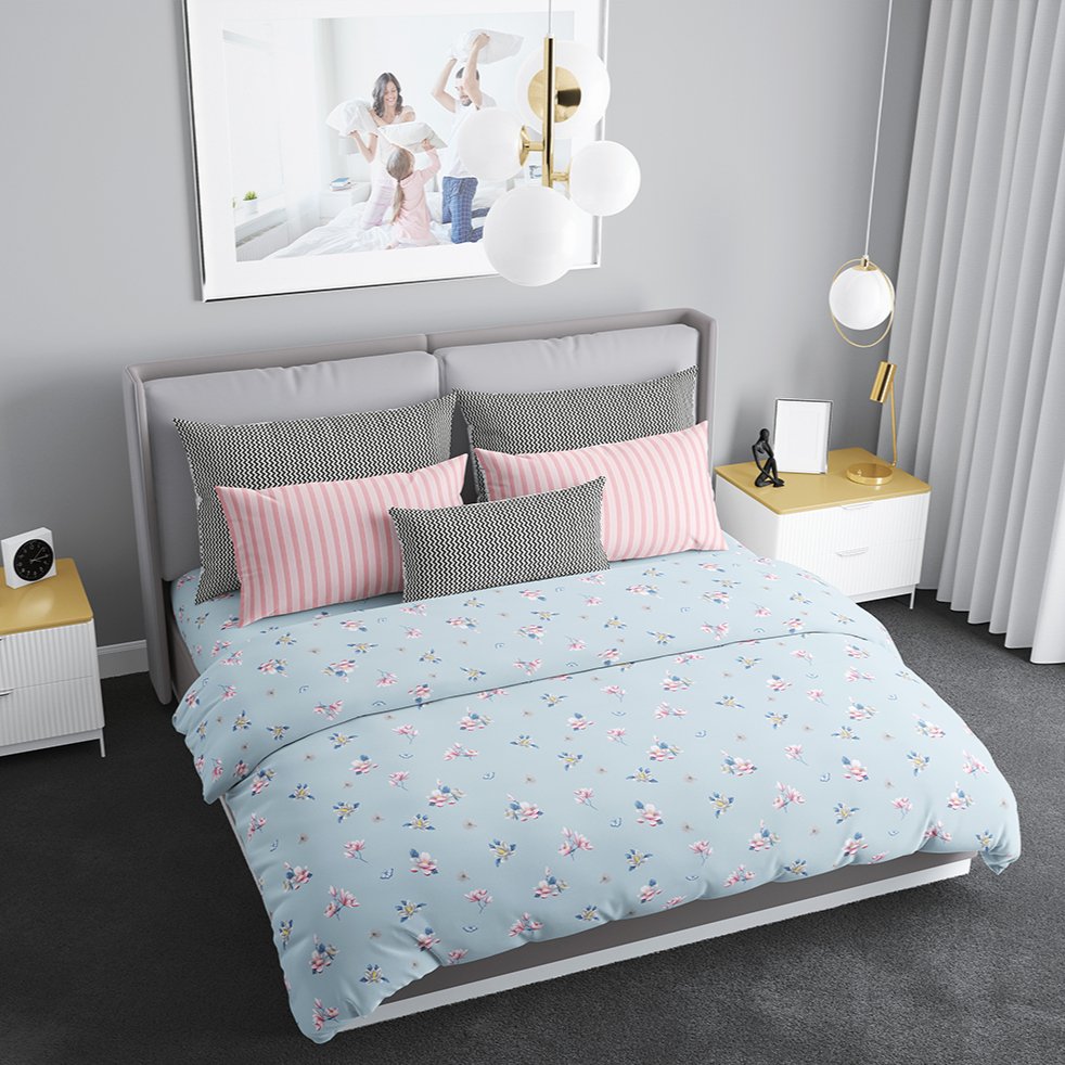 Floral Niagara Mist - Light Blue 300 TC Super King Double Bedsheet - Tribo By Trenton - Trenton