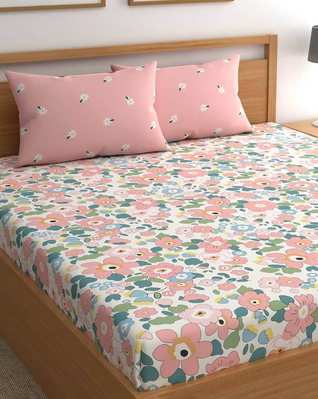 Trenton Multicolor 300 TC Cotton Blend Super King Elastic Fitted Double Bedsheet With Two Pillow Covers (270X270 Cms) - Trenton