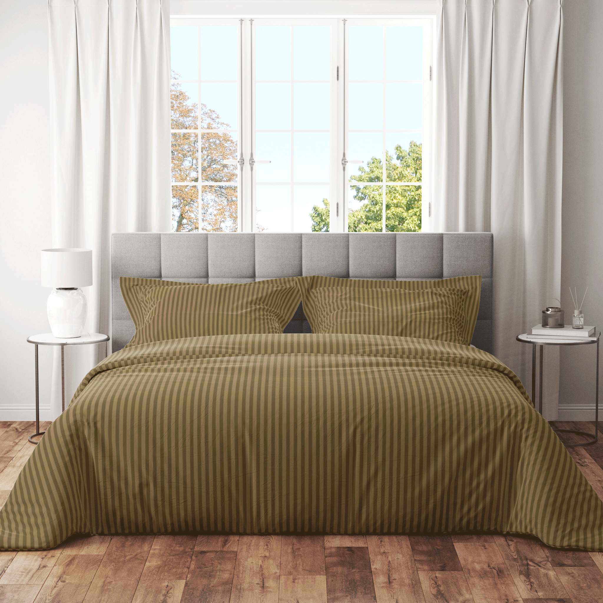 Trenton Plain 300 TC Cotton Blend Super King Plain Stripes Double Bedsheet With Two Pillow Covers (270X270 Cms) - Trenton